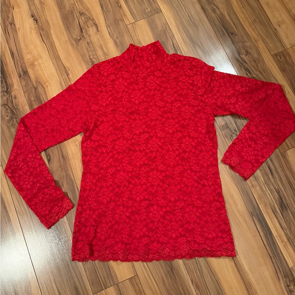 ❤️ Victoria’s Secret Red Lace Mock Neck Top 🌹 Long Sleeve | Size L